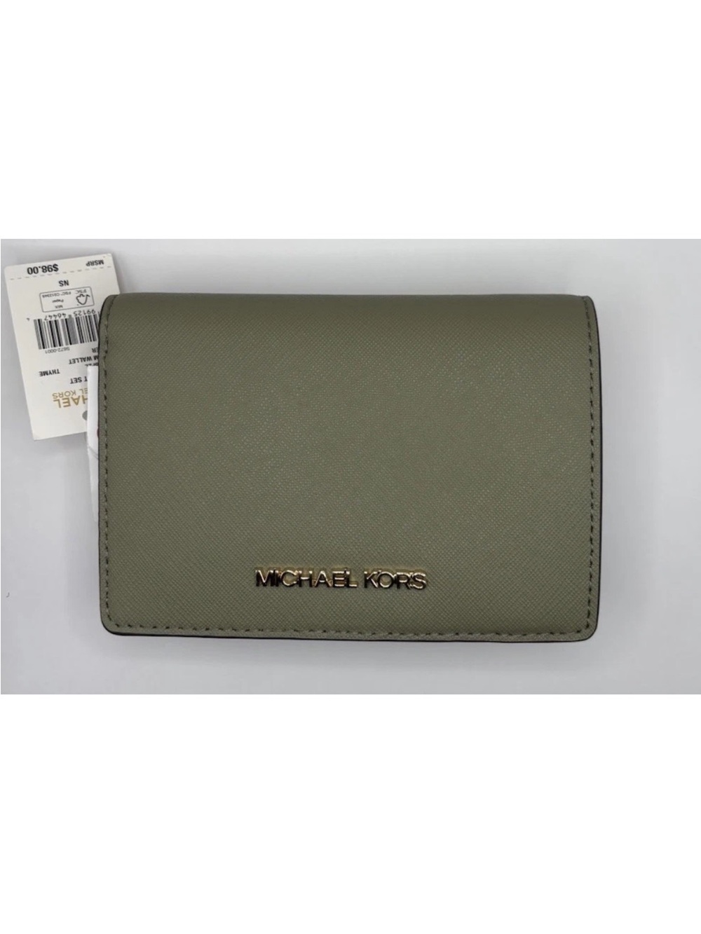MICHAEL KORS Olive Green Saffiano Compact Wallet with Gold Logo